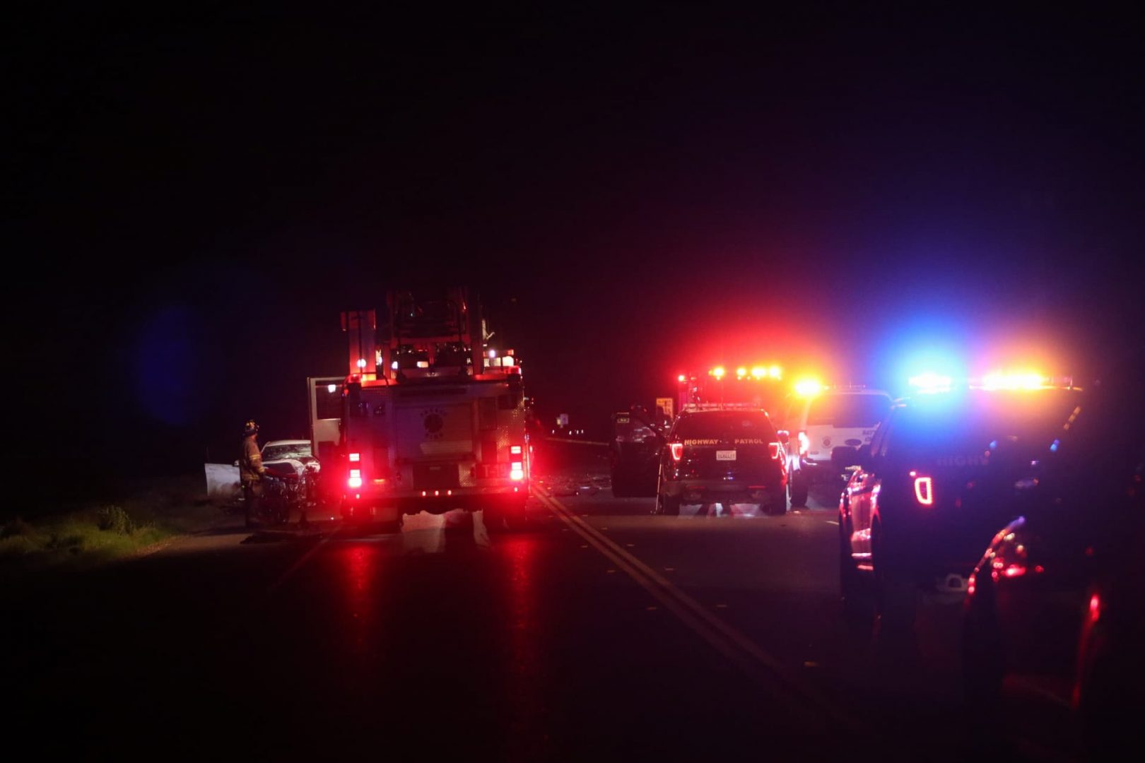 A 23-year-old Kerman man was driving a 2018 Mercedes east in the westbound lanes of Highway 180 near Hayes Avenue around 11 p.m. Monday, March 4, 2019 when he collided head-on with a 22-year-old Firebaugh woman who was westbound in a 2015 Honda. Both drivers died at the scene.
(Larry Valenzuela/The Collegian)