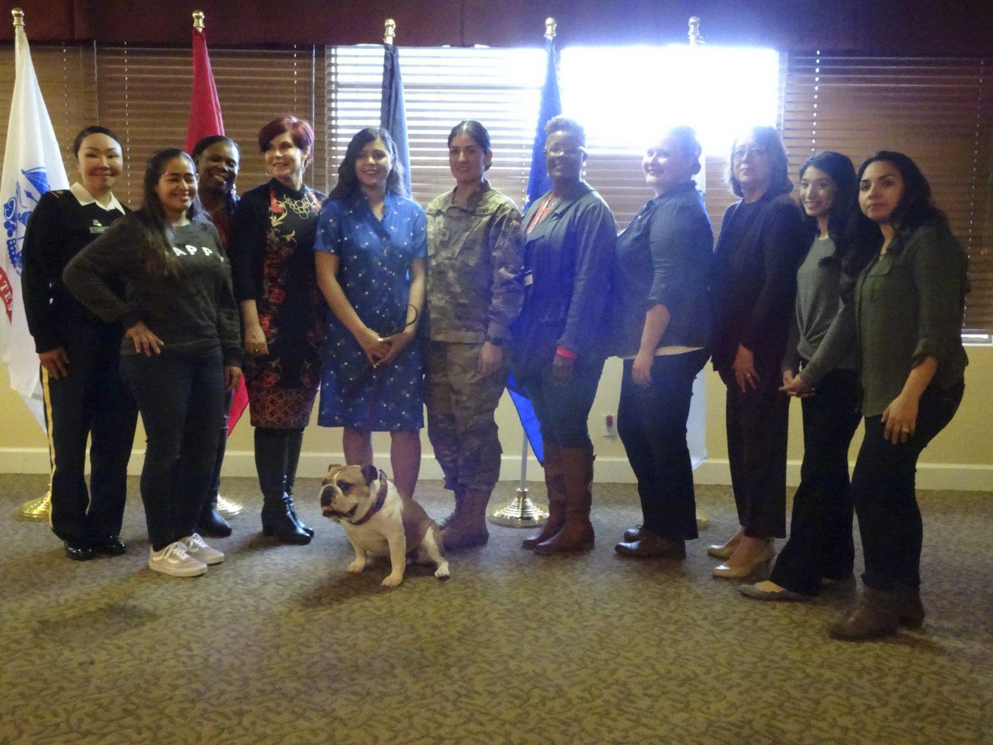 Fresno State women veterans pose for a picture with Victor-E Bulldogs during the second annual Women’s Military Luncheon celebrated in the Vintage Room on Thursday, March 21, 2019. (Jorge Rodriguez/ The Collegian)

