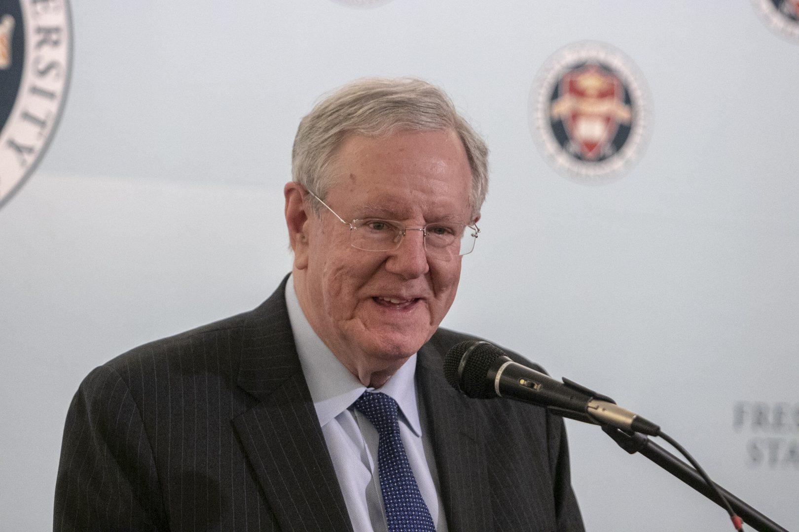 Steve Forbes, Editor-in-Chief of Forbes Media, speaks at a press conference before his lecture at Save Mart Center on Monday, March 25, 2019. (Larry Valenzuela/ The Collegian) 