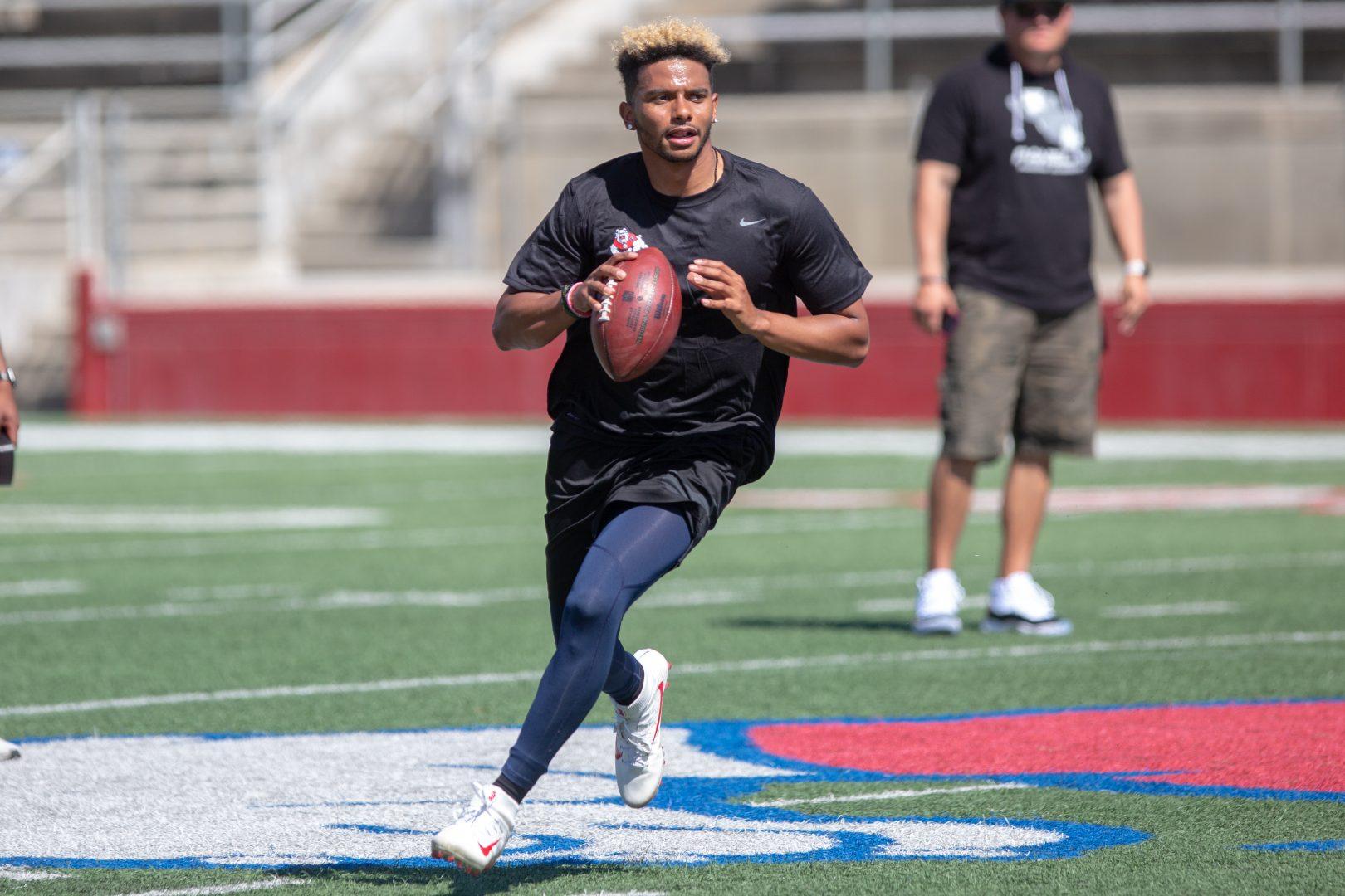 Marcus McMaryion showcases their skills in front of scouts from 28 NFL teams and three from the Canadian Football League at Bulldog Stadium for Pro Day on March 18, 2019. (The Collegian/Jose Romo Jr.)