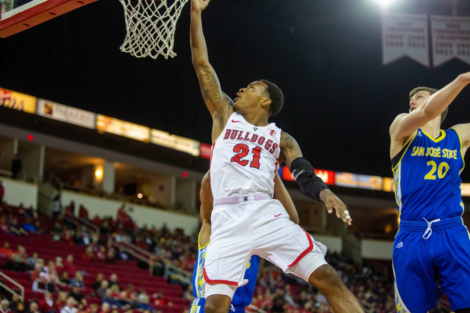 Fresno State guard Deshon Taylor goes up for a layup during the Bulldogs’ 121-81
victory over San Jose State at the Save Mart Center on Saturday, March 9, 2019. (Jose Romo
Jr./The Collegian).
