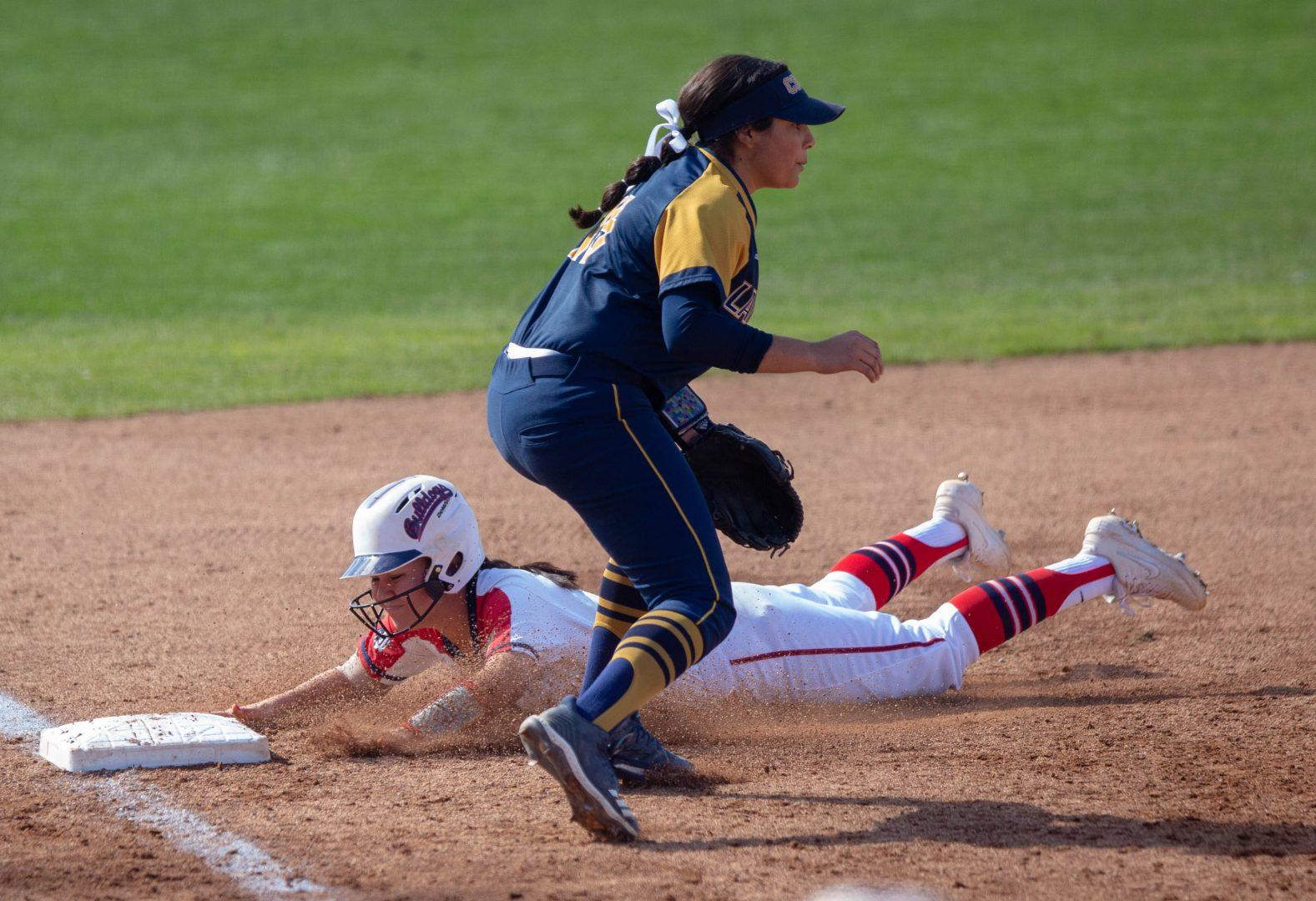 Fresno State’s Rachel Minogue slides to third base during the Bulldogs’ 6-4 victory over
California Baptist in part of the Bulldog Classic at Margie Wright Diamond on Sunday, March 10,
2019. (Jose Romo Jr./The Collegian).