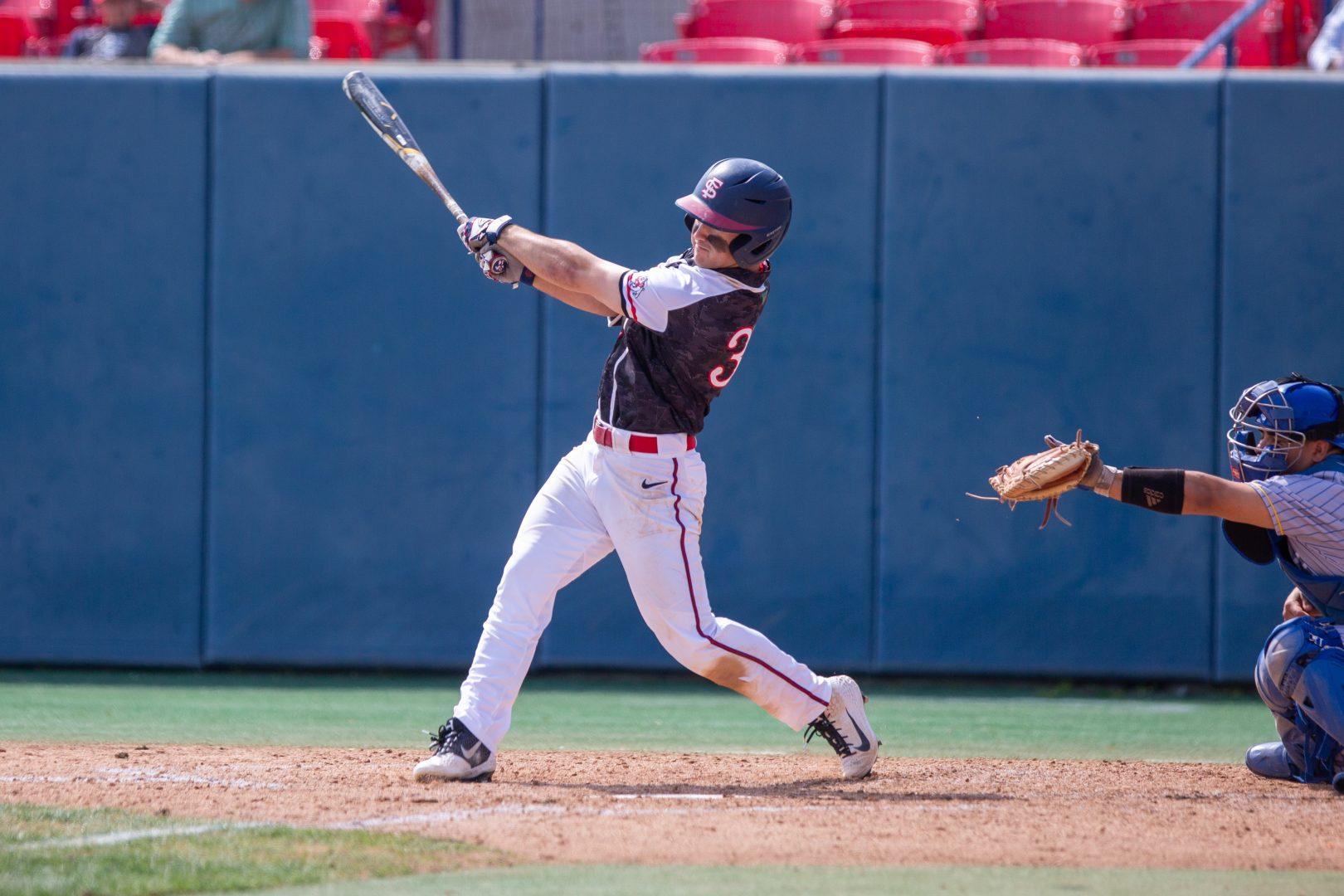 Fresno State senior Zach Ashford attempts to get a hit during the Bulldogs’ 7-5 loss to
San Jose State at Peter Beiden Field at Bob Bennett Stadium on March 24, 2019. (Jose Romo
Jr./The Collegian).
