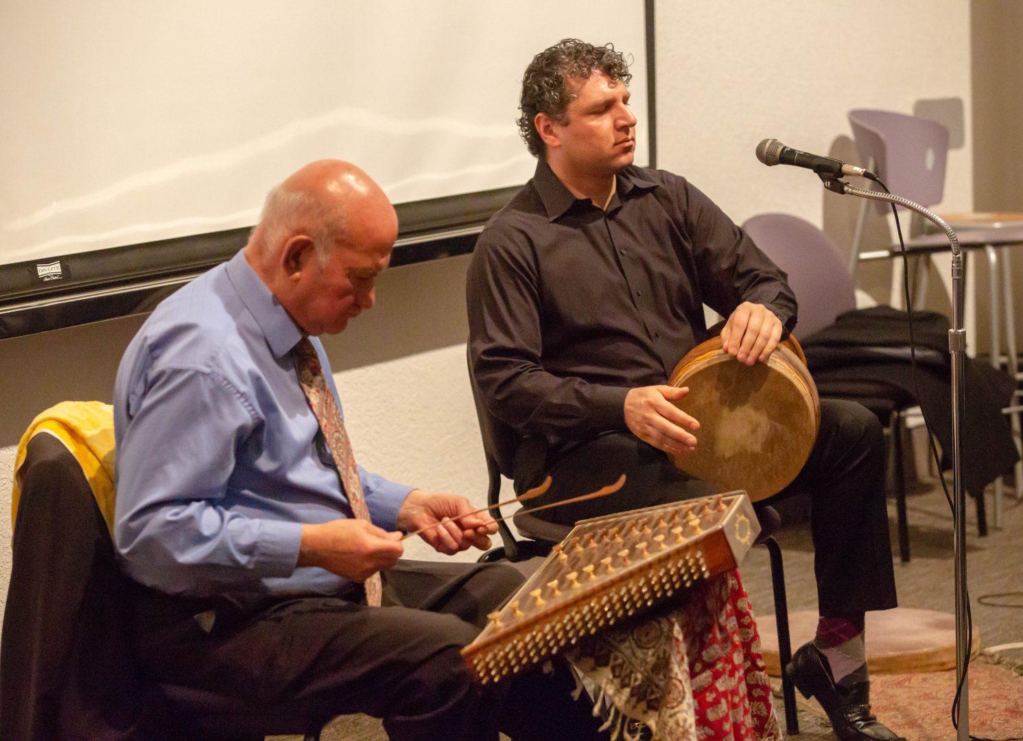 The Middle East studies lecture, performance and film series as well as Global Music Series
presented An Evening of Iranian Classical Music with Behrouz Sadeghian, left, playing the santur
and Faramarz Amiri, right, playing the zarb at the Peters Business Building on Friday, March 8,
2019. (Jose Romo Jr./The Collegian).