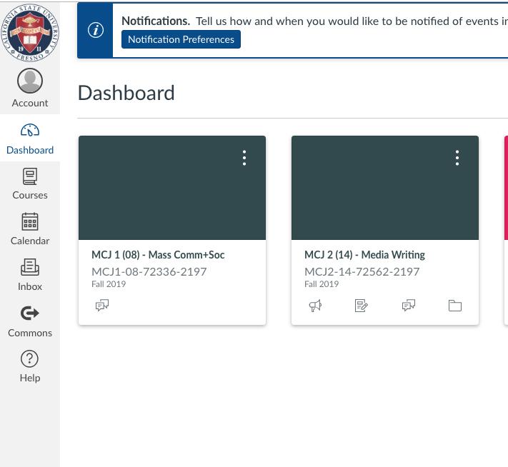 A screenshot of the Canvas online dashboard menu. Fresno State classes will begin using the Canvas platform exclusively in the summer of 2019. (Image via fresnostate.instructure.com)