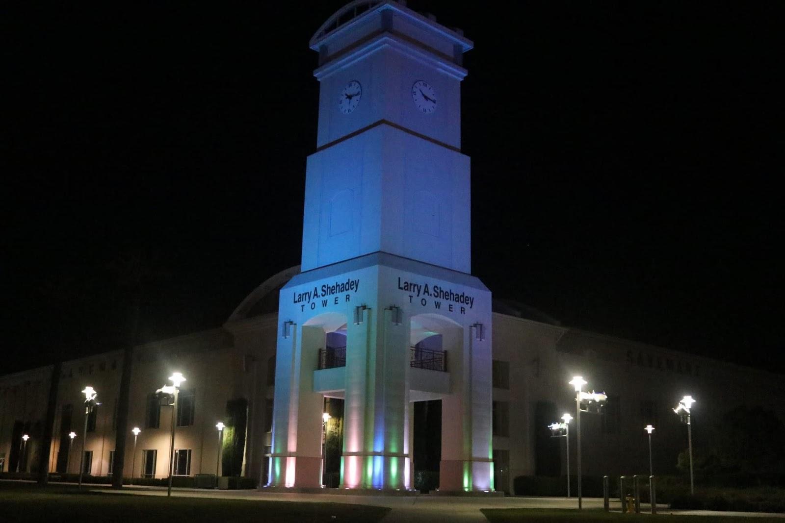 Shehadey Tower at the Save Mart Center lit in blue and green in observation of National Donate Life Month on Sunday, April 14, 2019. (Larry Valenzuela/The Collegian)