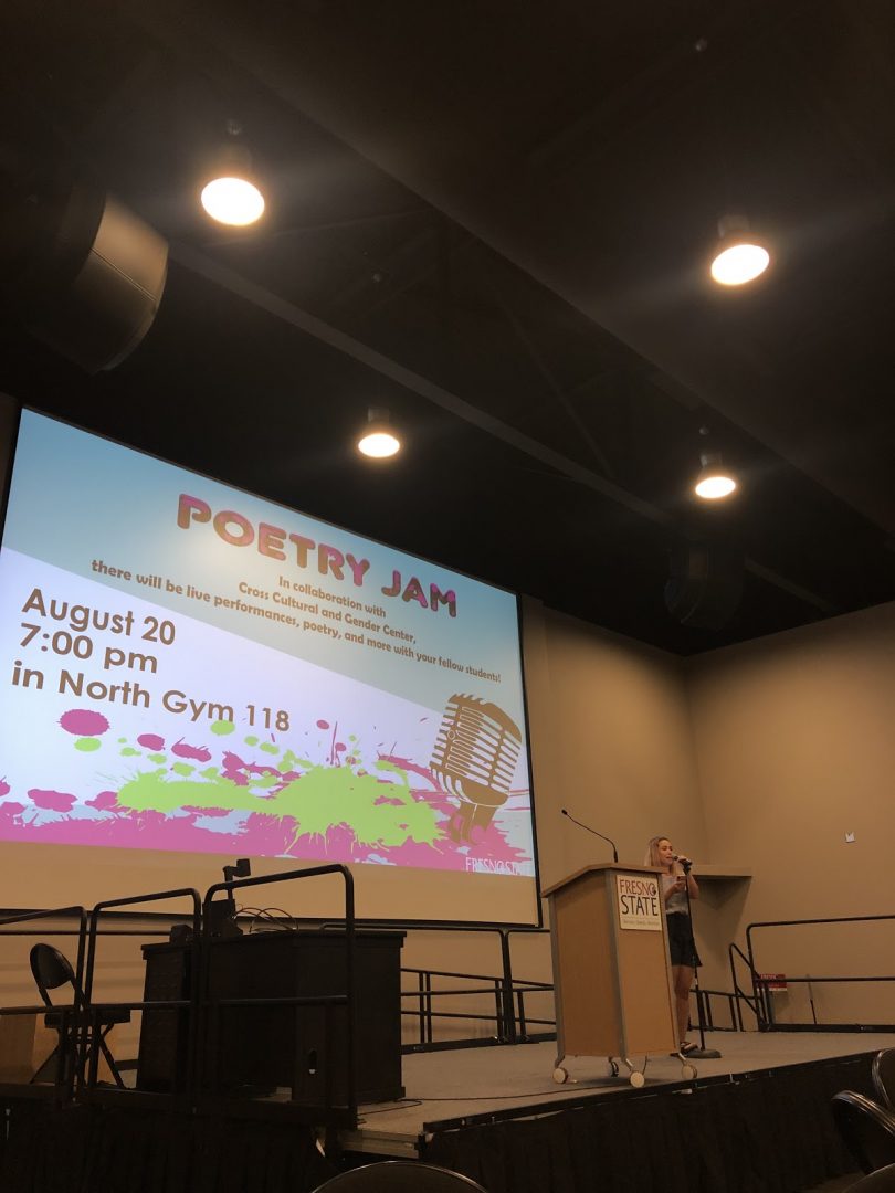Fresno State pre-nursing major and housing assistant Samantha Valencia performs a music cover of Adele’s song, “Water Under the Bridge” at Fresno State’s Poetry Jam in the North Gym on Tuesday, Aug. 20. (Anjanae Freitas/The Collegian)