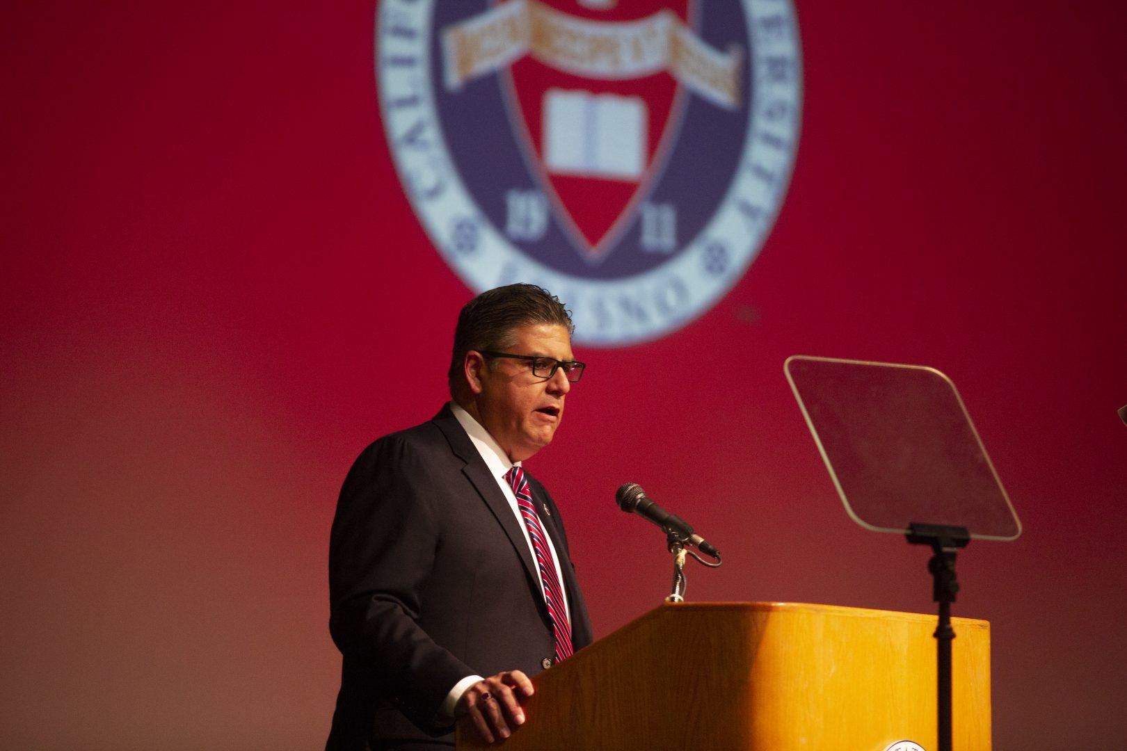 Castro discusses upcoming university goals and new projects at 2019 Fall Assembly on Aug. 19 at the Satellite Student Union. (Larry Valenzuela/The Collegian)