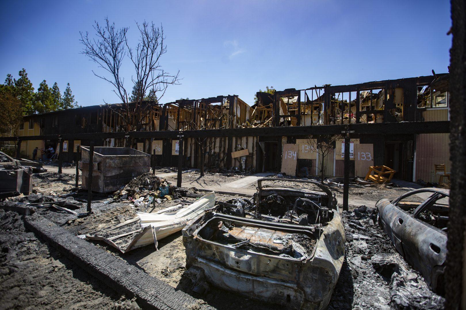 Aftermath of a blaze at Maplewood Apartment Complex across from Fresno State on Friday, Aug. 23, 2019. At least 15 students were displaced and eight units in the complex were destroyed. (Larry Valenzuela/The Collegian)