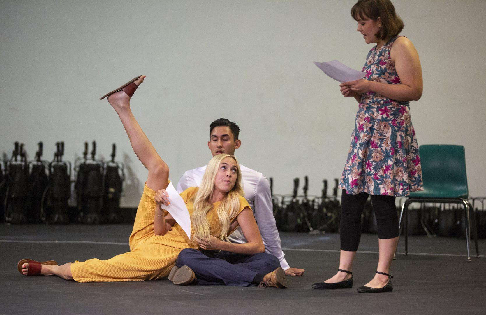 Nicole Conway (left), Andrew Trevino (center) and Teya Juarez (right) audition during play callbacks for Anon(ymous) at the John Wright Theatre on Thursday, Aug. 22, 2019. (Larry Valenzuela/The Collegian)
