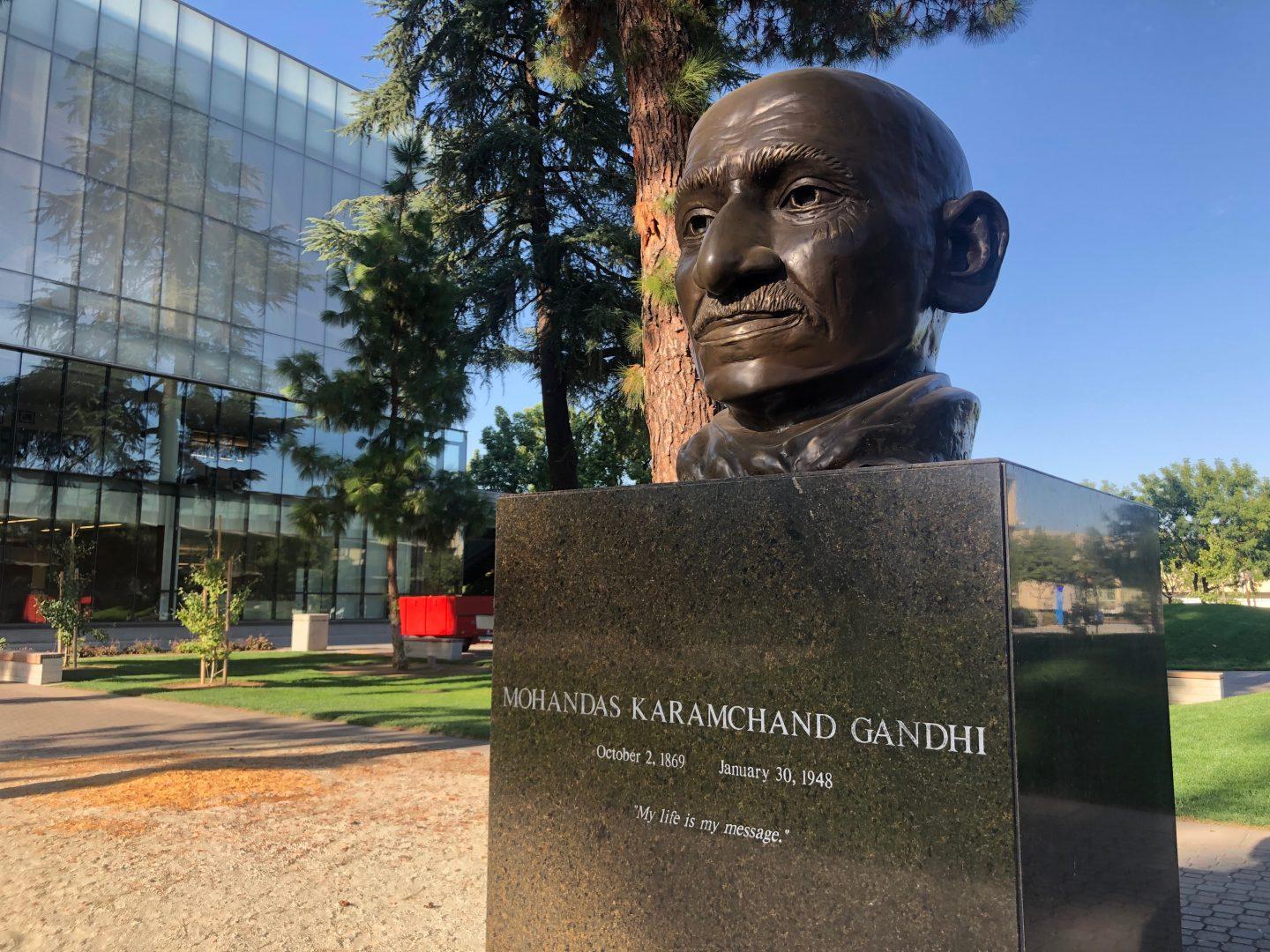 Mahatma Karamchand Gandhis statue sits in the Peace Garden at Fresno State on Wednesday, Sept. 25, 2019. (Marilyn Castaneda/The Collegian)