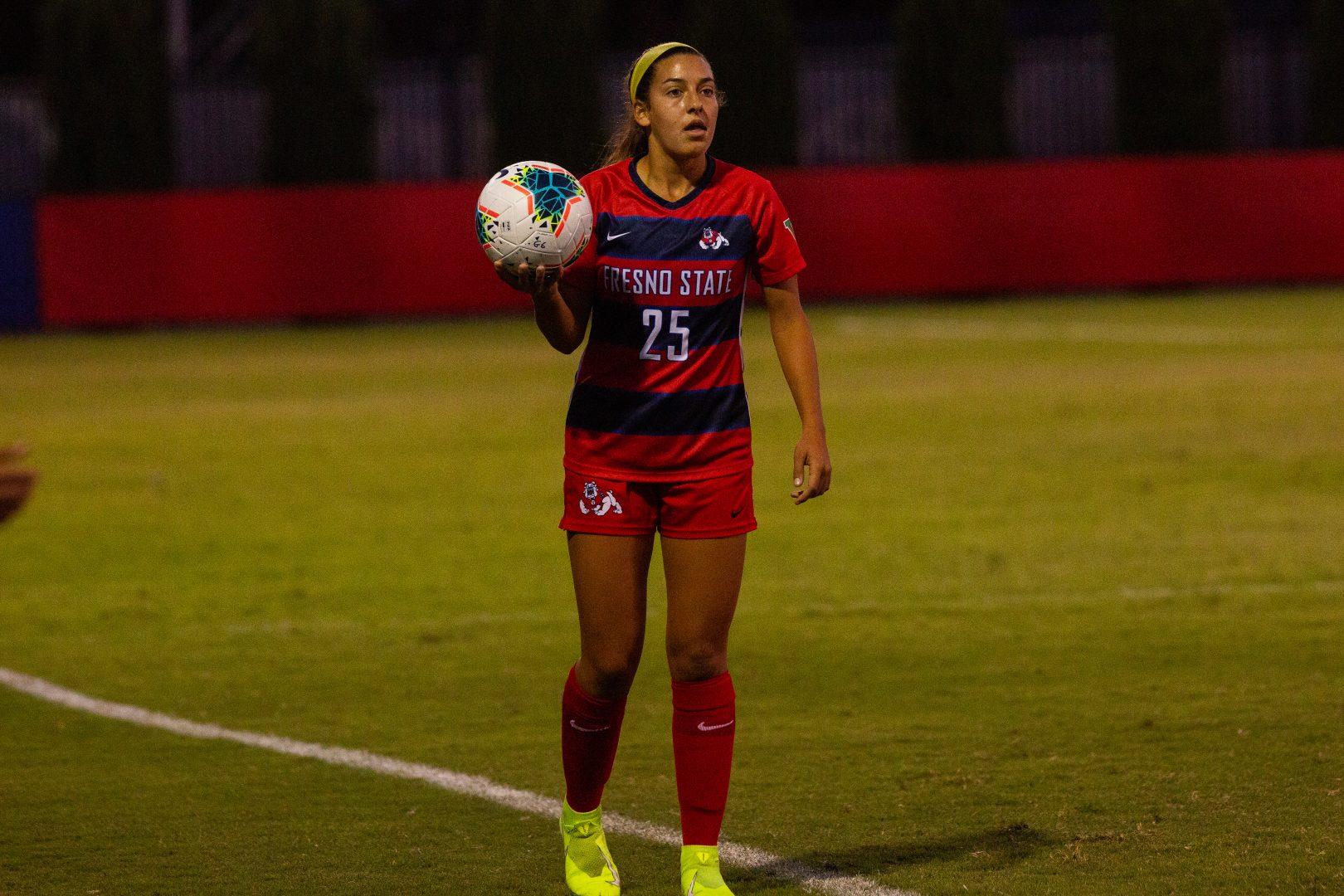 Fresno State defender Danielle Pacheco getting ready to put the ball back into play, during a home game at the Soccer and Lacrosse Field on Sunday, Sept. 8,  2019. (Armando Carreno/The Collegian)