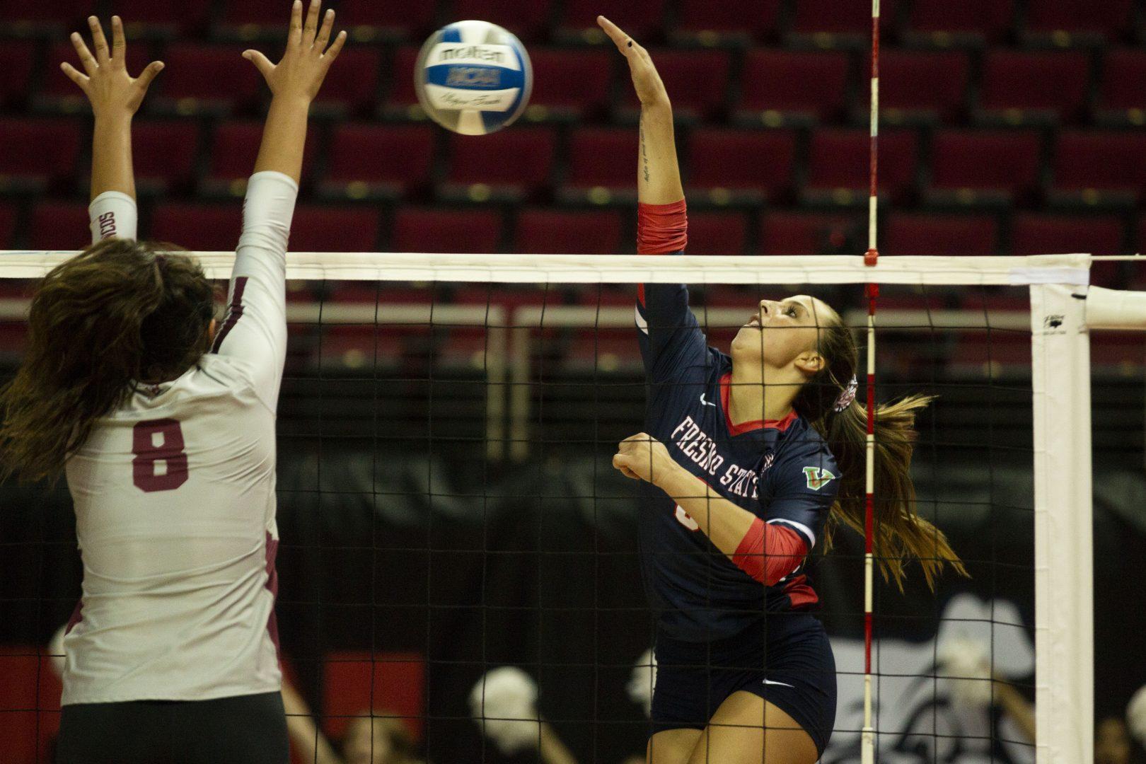 Fresno State outside hitter Desiree Sukhov battles for the the ball during the final match of the Fresno State Invitational against Santa Clara University at the Save Mart Center on Friday, Sept. 7, 2019. (Jorge Rodriguez/The Collegian)