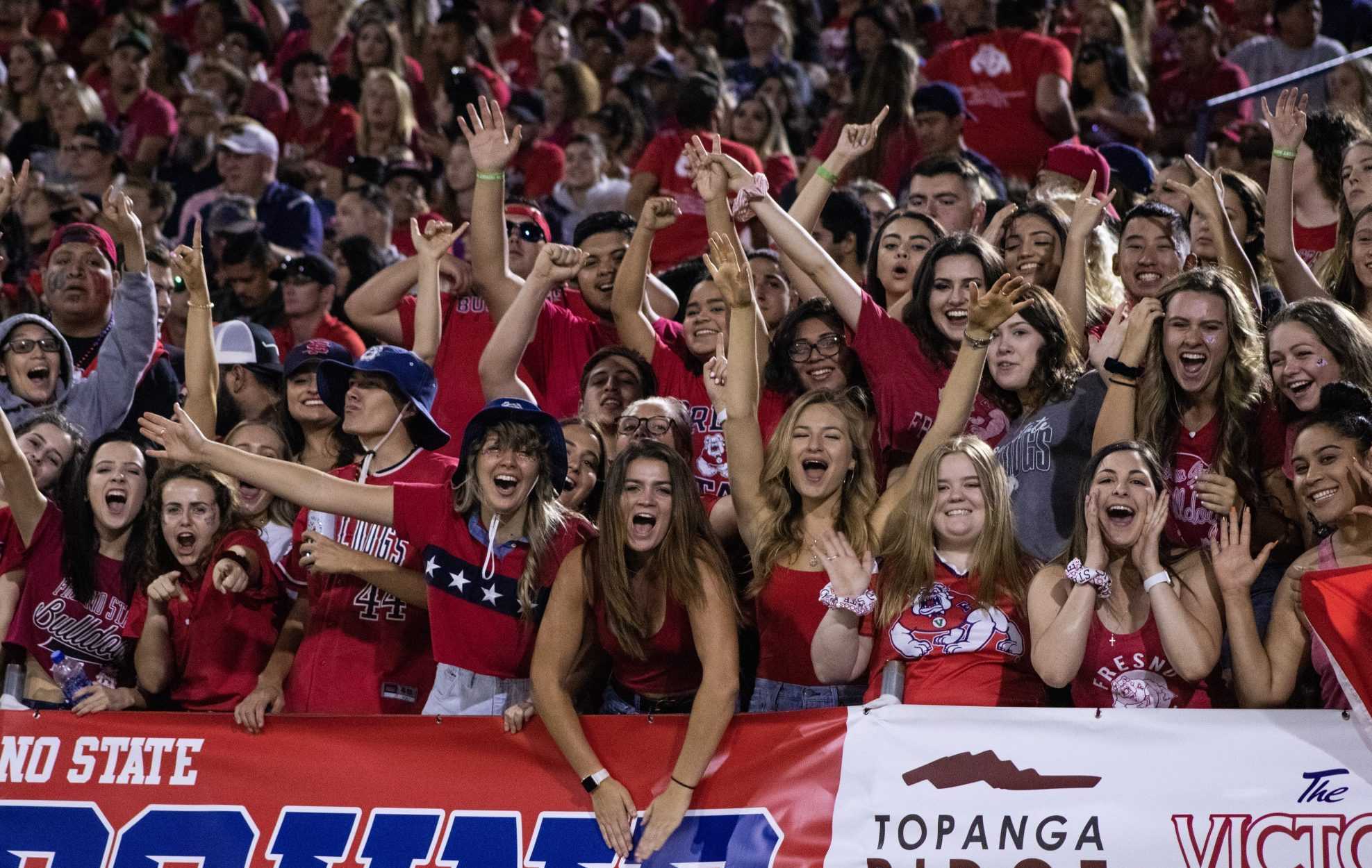 The Fresno State student section during a football game at Bulldog Stadium on Saturday, Sept. 8, 2019. (Armando Carreno/The Collegian)