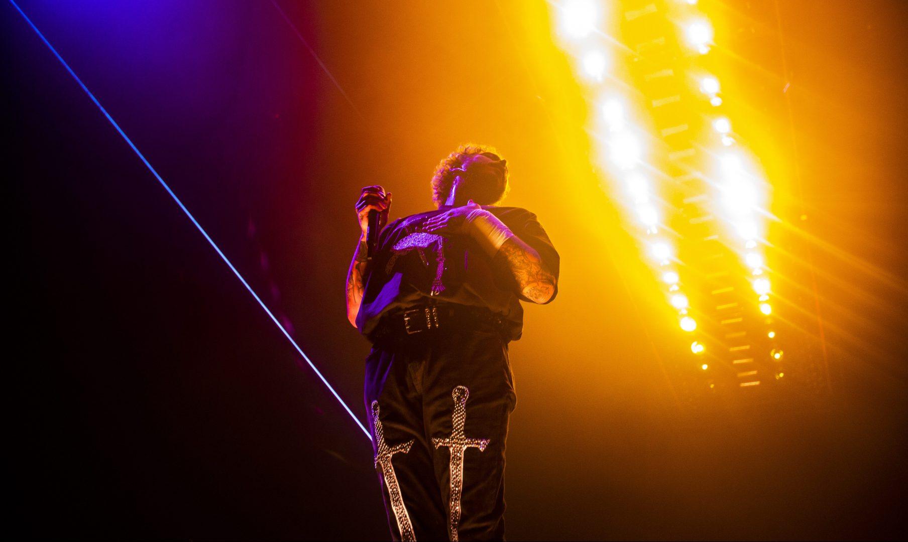 American rapper Post Malone paused for a moment during the song Better Now at the Save Mart Center on Saturday, Sept. 21, 2019. (Larry Valenzuela/The Collegian)