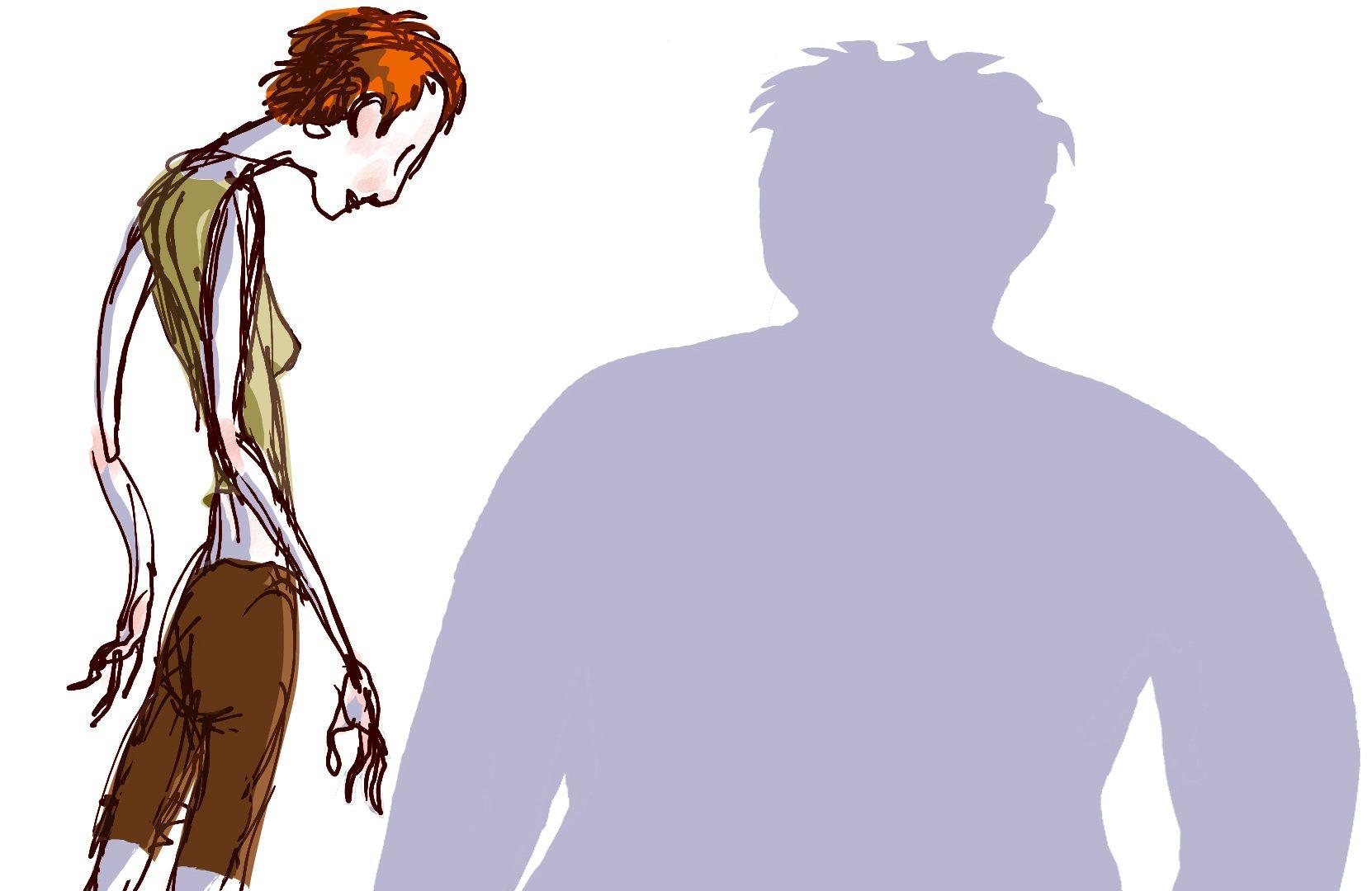200 dpi 20p x 19p Hector Casanova color illustration of an emaciated young woman standing before her shadow which projects a much larger woman. For use with stories about eating disorders and body image. The Kansas City Star 1999