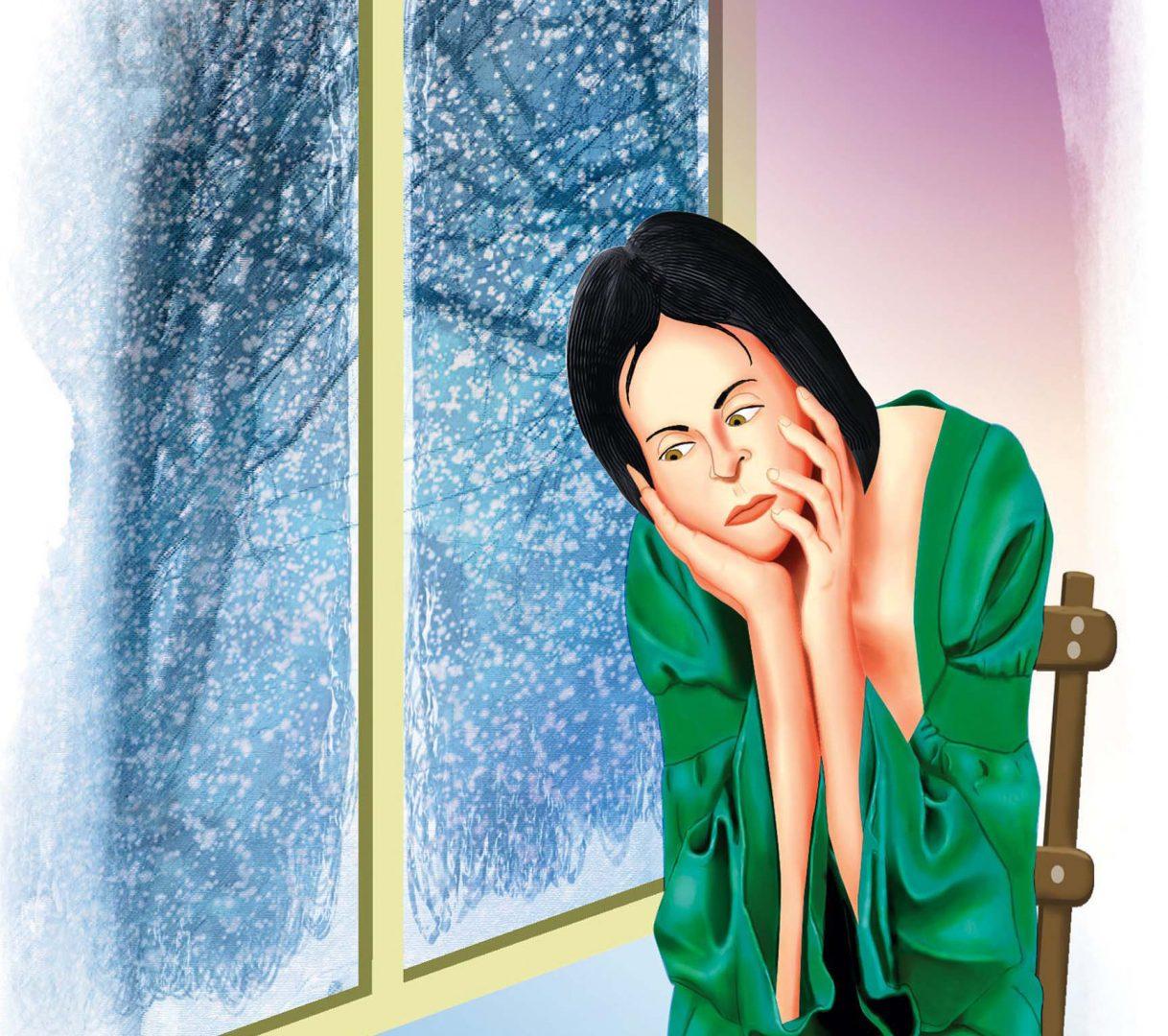 Gary Meaders color illustration of a sad woman dressed in a bathrobe sitting indoors on a cold winter day. (Duluth News-Tribune 2008)