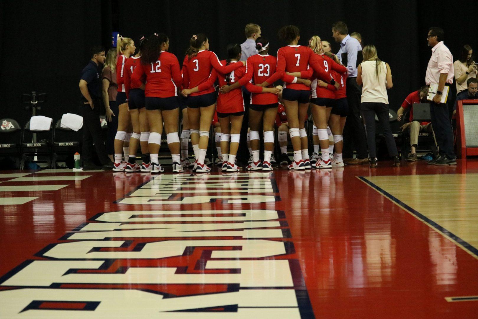 The Fresno State volleyball team during a match against the University of New Mexico Lobos at the Save Mart Center on Thursday, Oct. 3, 2019. (Armando Carreno/The Collegian)