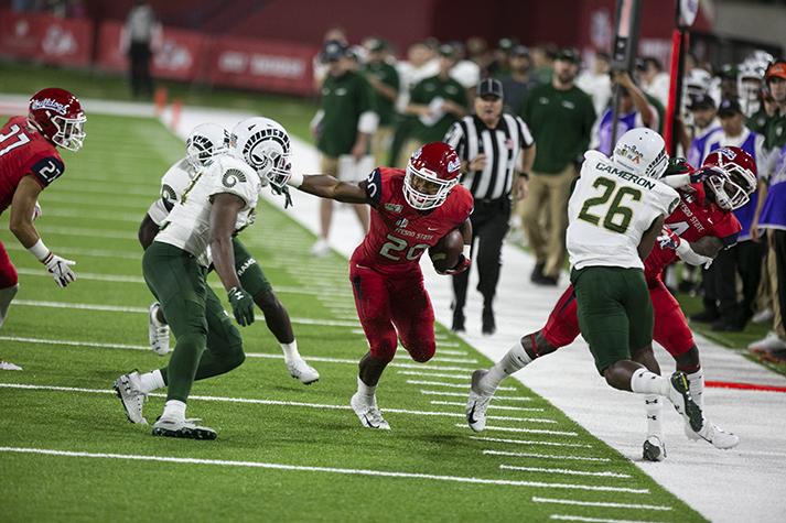 Running back Ronnie Rivers runs the ball into the end zone but is stopped short by Colorado State during Fresno State’s homecoming game at Bulldog Stadium on Saturday, Oct. 26, 2019. (Larry Valenzuela/ The Collegian)
