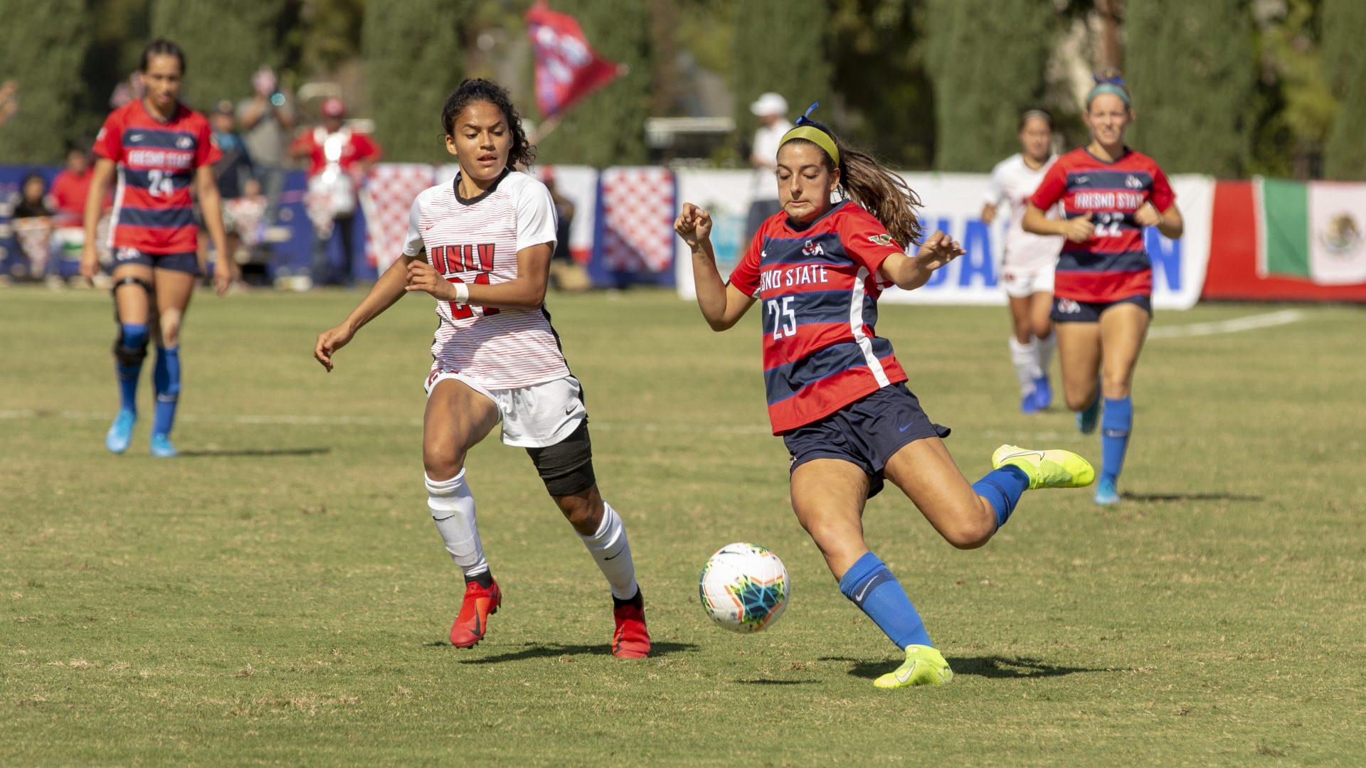 Fresno State defender Danielle Pacheco kicks the ball away from the striker during a 2-1 win against the University of Las Vegas Nevada (UNLV) at the Soccer and Lacrosse stadium on Sunday, Oct. 20, 2019. (Jorge Rodriguez/The Collegian)