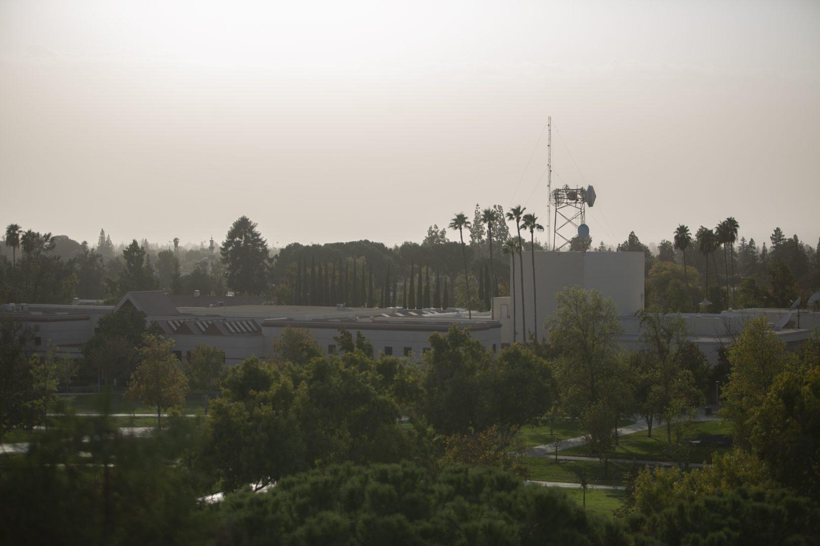 A haze is visible in the air above the Fresno State campus on Oct. 27. If air quality conditions due not improve, the university will modify or cancel outdoor classes and activities on Oct. 28. (Larry Valenzuela/The Collegian)
