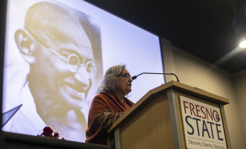 Ela Gandhi, Mahatma Gandhi’s granddaughter,speaks about how her grandfather’s work not only at the North Gym on Monday, Oct. 14, 2019. (Larry Valenzuela/ The Collegian)