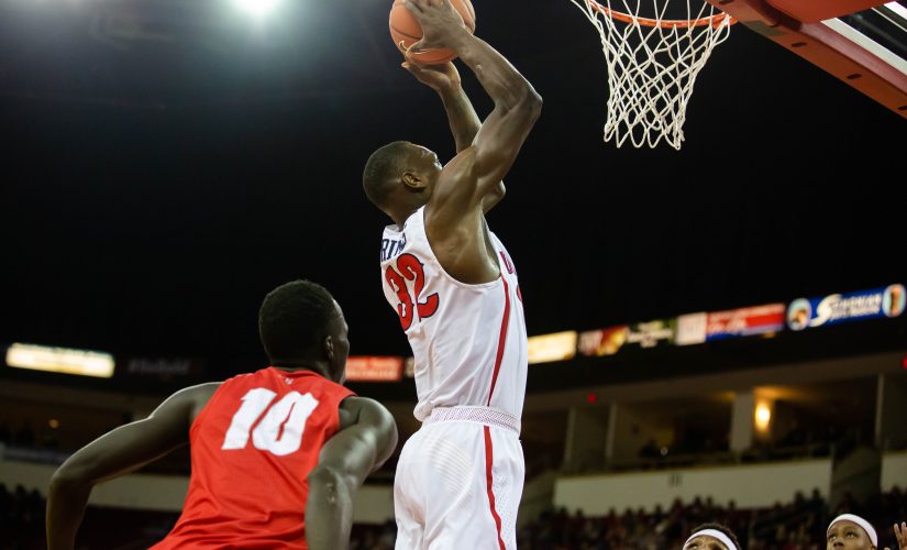 Fresno State forward Nate Grimes goes up for a shot during the Bulldogs’ home win over New Mexico at the Save Mart Center on Feb. 2, 2019. (Jose Romo Jr./The Collegian).