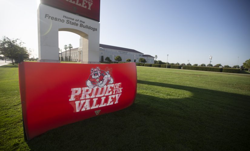 Pride of the Valley sign sits in front of the Save Mart Center on Tuesday, Sept. 11, 2019. Pride of the Valley is a marketing campaign by Fresno State Athletics. (Larry Valenzuela /The Collegian)