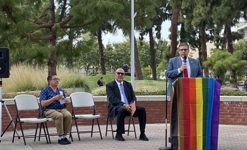 (From left to right); Peter Robertson, Dr. Frank Lamas and President Joseph I. Castro speaking on the Free Speech Platform for Fresno State Pride Week Kick-Off on Monday, Oct. 7, 2019.