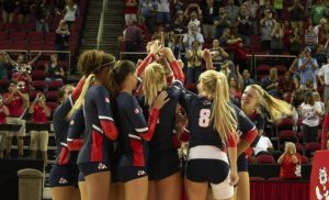 The Fresno State womens volleyball team celebrates after a victory during a home match at the Save Mart Center on Friday, Sept. 6, 2019. (Jorge Rodriguez/The Collegian)