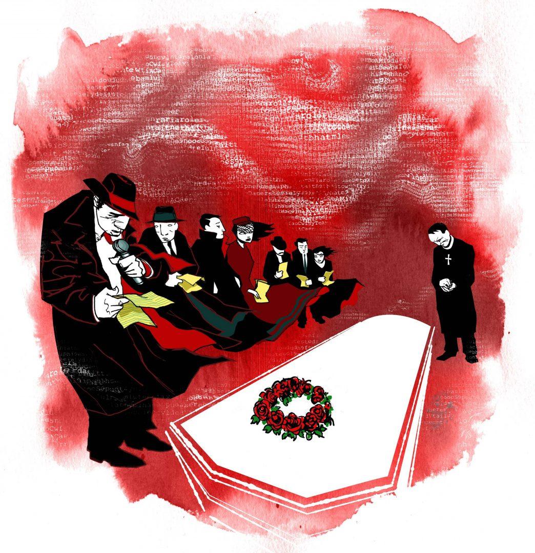 Hector Casanova color illustration of a person giving an eulogy before a casket. The Kansas City Star 2003
