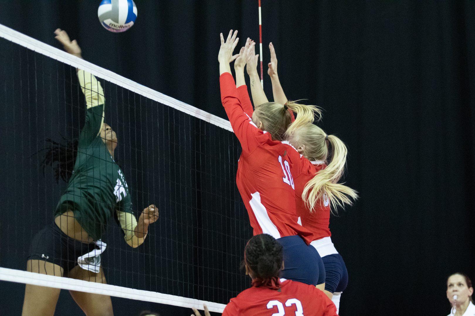 From left to right Grace Doyle and Madelyn Halteman attempt to get a block against Colorado State at the Savemart Center on Thursday, Nov. 8, 2019. (Armando Carreno/The Collegian) 