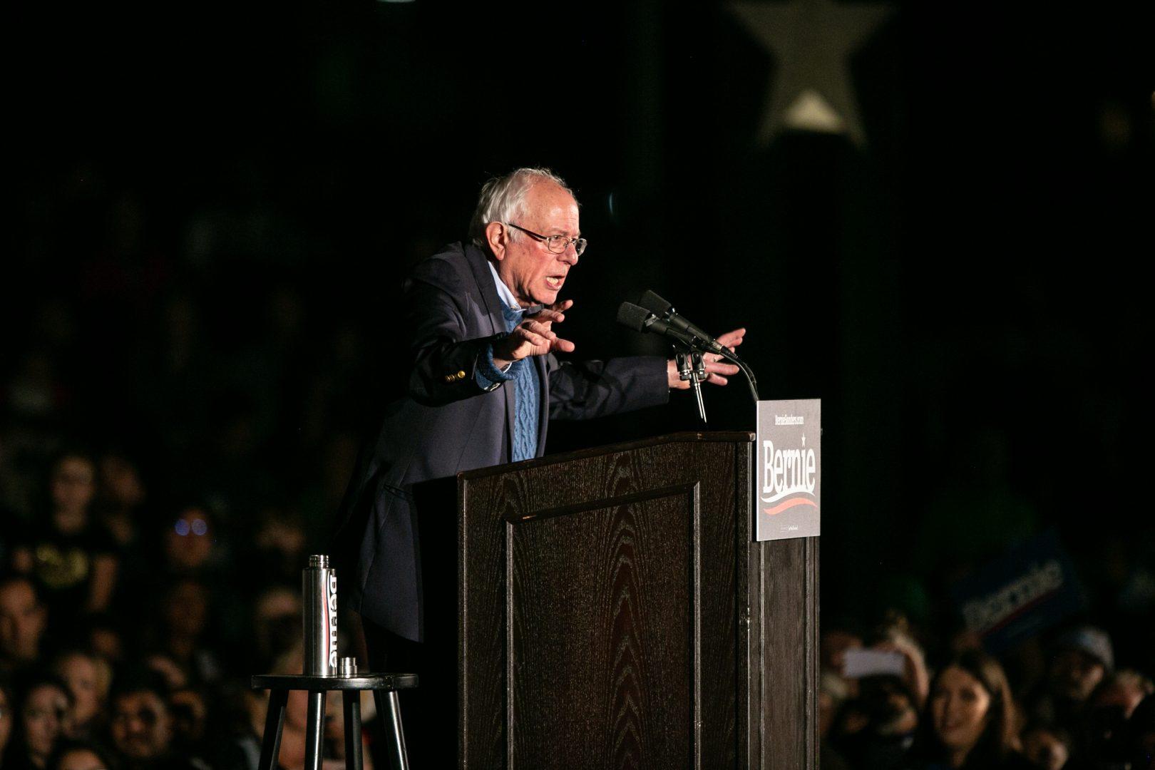 Presidential hopeful Bernie Sanders speaks in front of a crowd at the Veterans Peace Memorial Lawn at Fresno City College on Friday, November 15, 2019. (Larry Valenzuela/The Collegian)