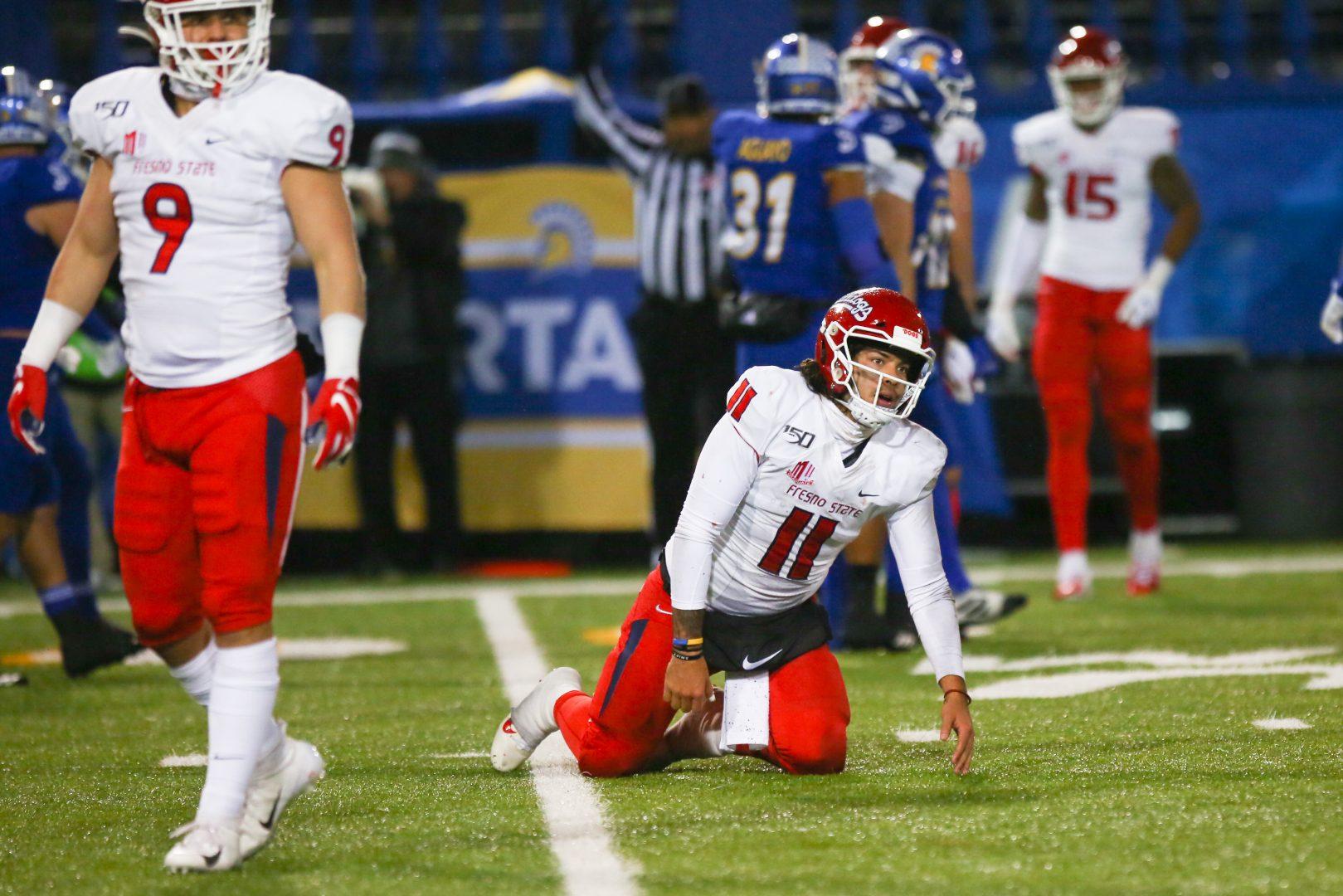 Fresno State quarterback Jorge Reyna after getting hit by an opponent during an away game at CEFCU Stadium in San Jose, California on Saturday, Nov. 30, 2019. (Armando Carreno/The Collegian.)