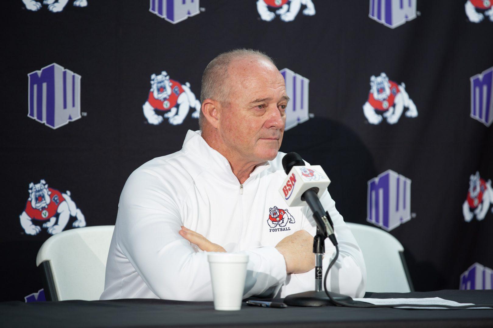 An emotional Jeff Tedford during his press conference announces that he is stepping down as head coach of the Fresno State Bulldogs football team on Dec. 6, 2019. (Armando Carreno/The Collegian) 