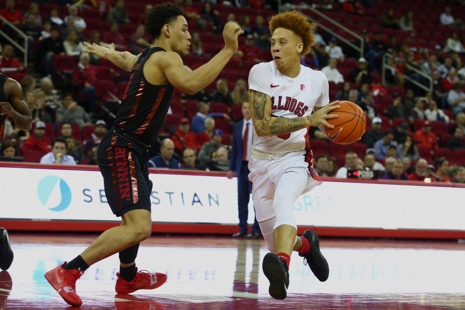 Fresno State guard Noah Blackwell drives the ball to the basket during a home match against the UNLV Revels at the Save Mart Center on Wednesday, Dec. 4, 2019. (Jorge Rodriguez/The Collegian)