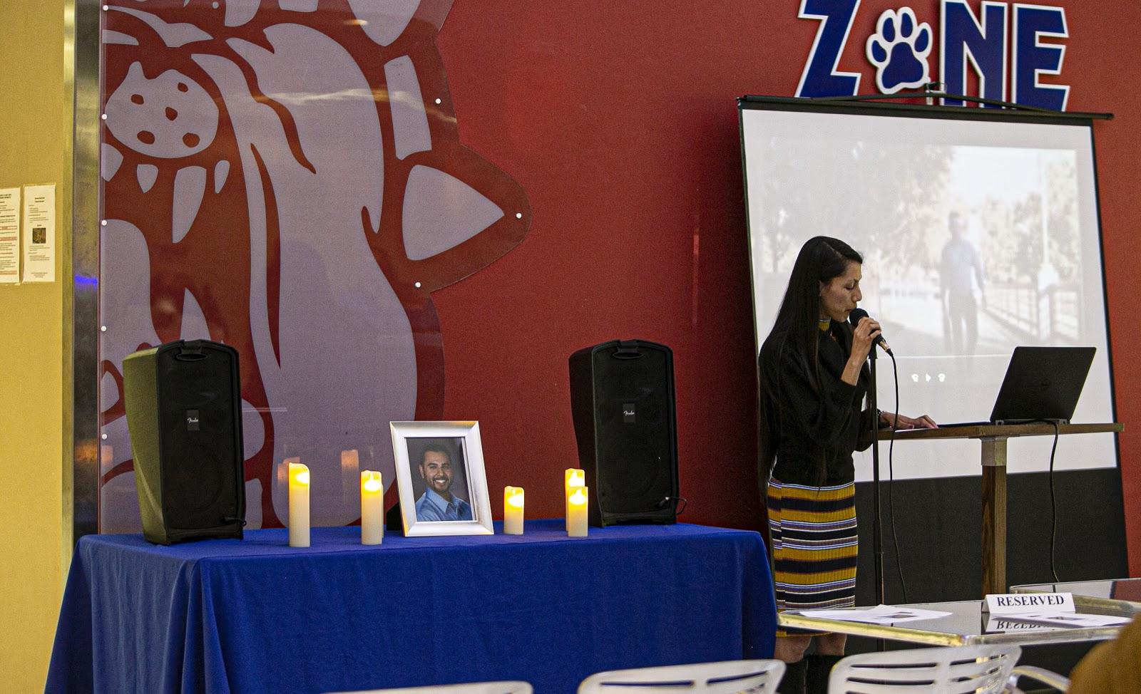 Moaaz Gill’s girlfriend, Angelica Reyes, speaks in front of the crowd during Gill’s memorial in the Bulldog Zone on Thursday, Jan. 16, 2020. (Larry Valenzuela/ The Collegian)