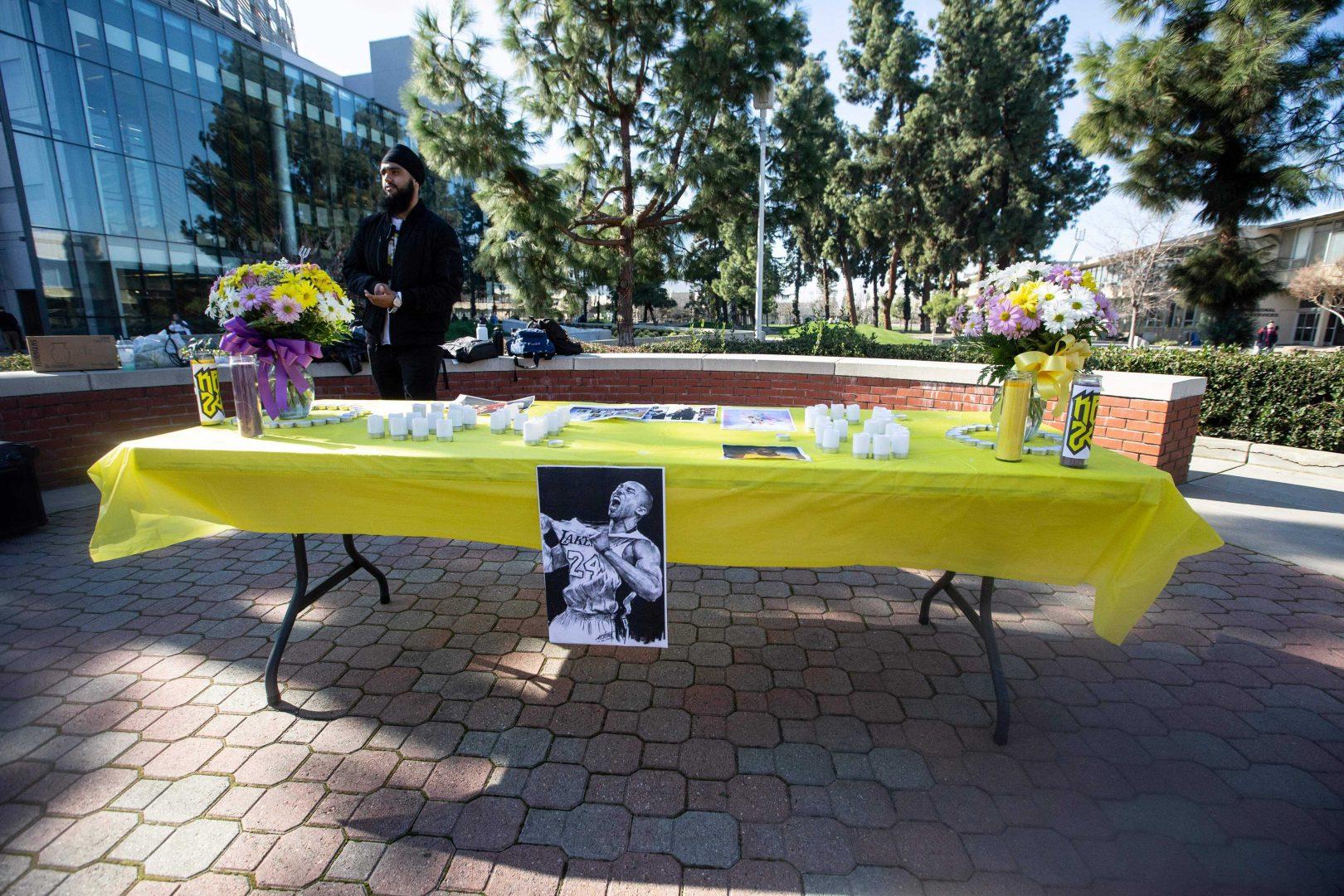 A memorial was put by the Sikh Student Association to honor deceased basketball star Kobe Bryant in front of the library at the Free Speech Area on Monday, Jan. 27, 2020. (Larry Valenzuela/The Collegian)