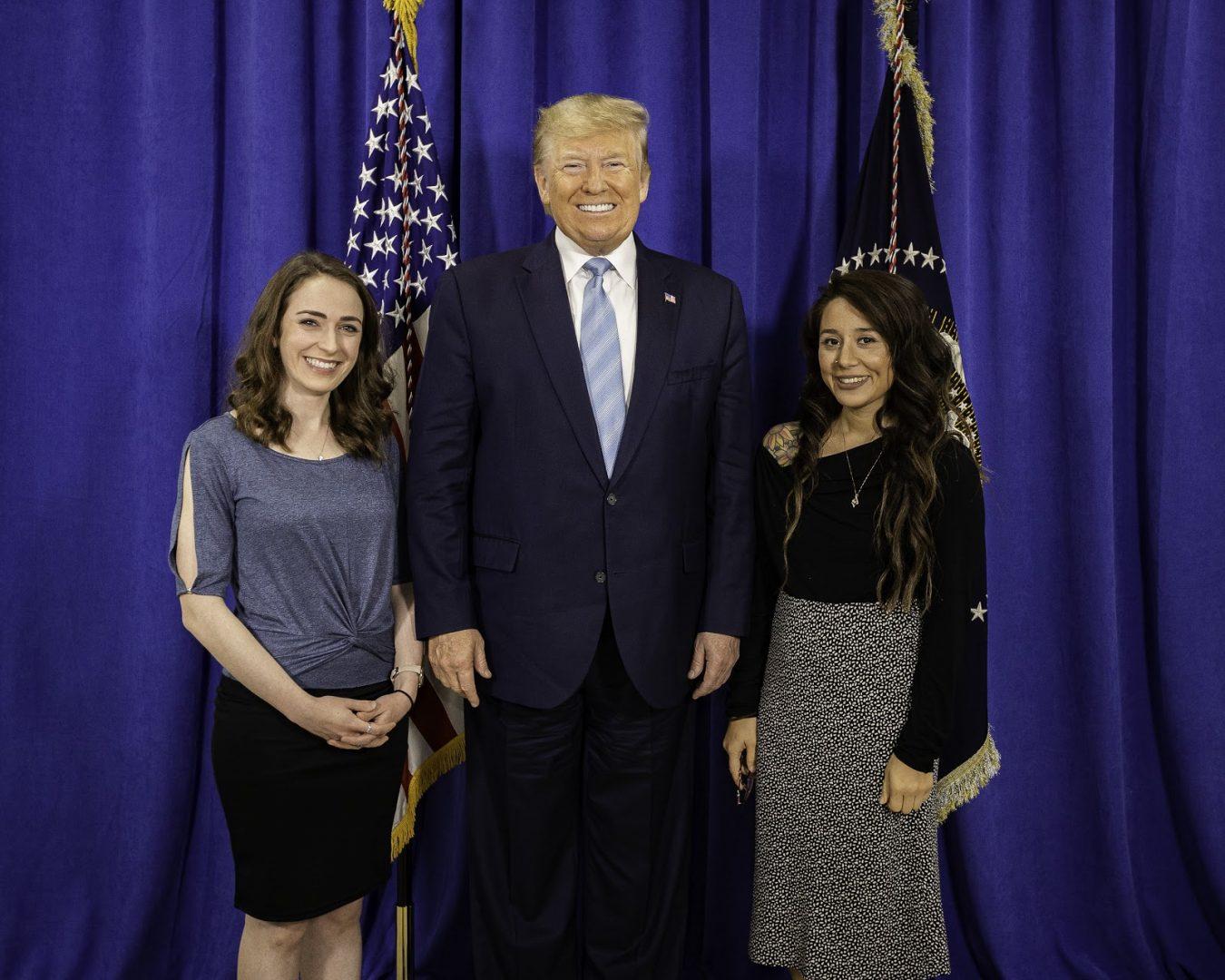 From left, Bernadette Tasy, President Donald Trump and Jessica Riojas pose for a photo before Tasy and Riojas speak at an Evangelicals for Trump event in South Florida on Friday, Jan. 3, 2020. Photo courtesy of Bernadette Tasy.

