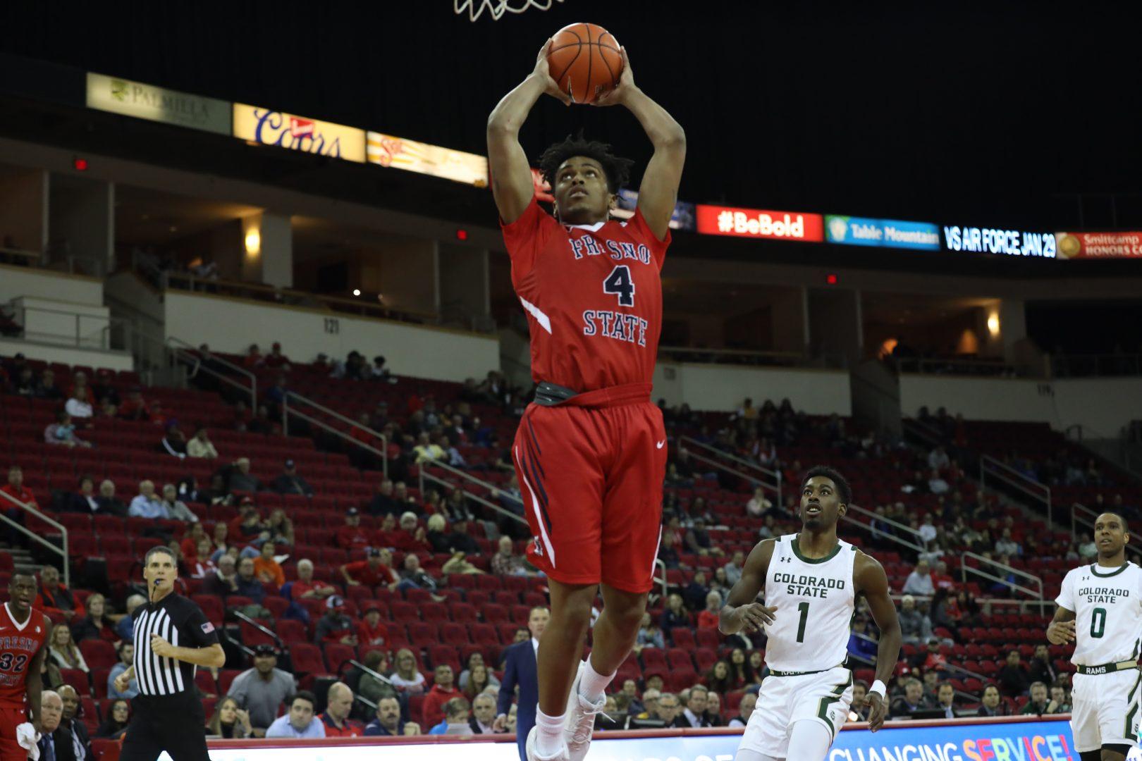 Niven Hart (4) dunks on the fast break against Colorado State at the Save Mart Center on Tuesday, Feb. 4, 2020. (Vendila Yang/The Collegian)