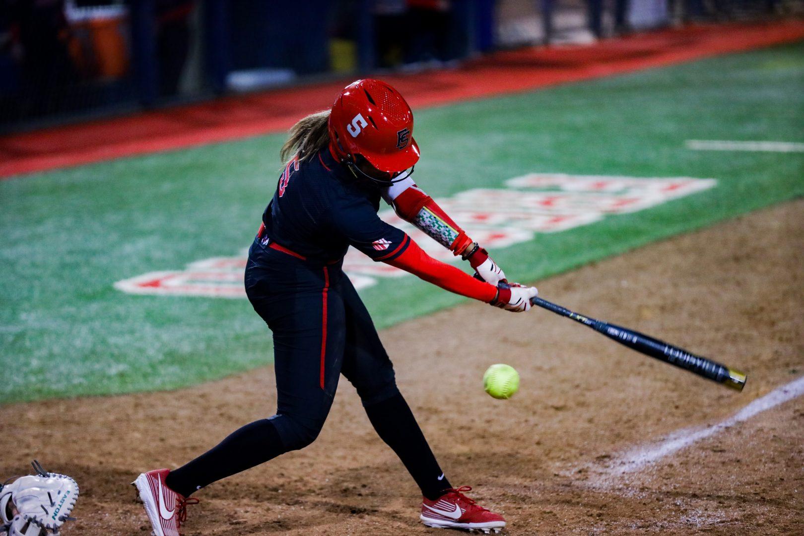 Freshman Alesia Denby (5) at-bat against Cal Poly during the Fresno State Kickoff Classic on Feb. 14, 2020 (Vendila Yang/The Collegian)