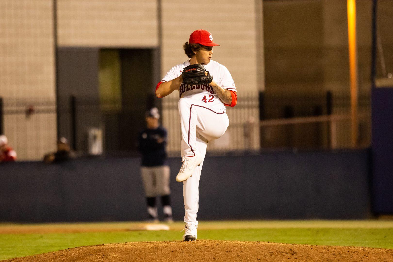 Pitcher Nik Cardinal (42) comes in relief against UC Irvine at Pete Beiden Field at Bob Bennett Stadium on Friday, Feb. 14, 2020. (Armando Carreno/The Collegian)