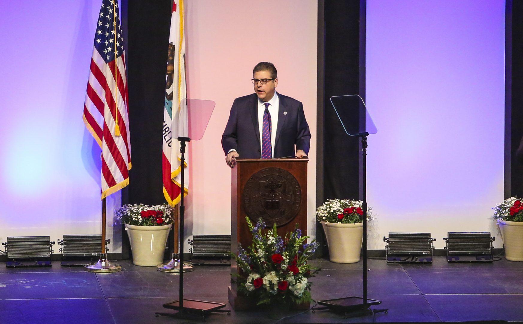 Fresno State President Dr. Joseph I. Castro speaks in front of a crowd of around 750 during the fifth annual State of the University breakfast at the Save Mart Center, on Tuesday, Feb. 11, 2020. (Larry Valenzuela/ The Collegian)