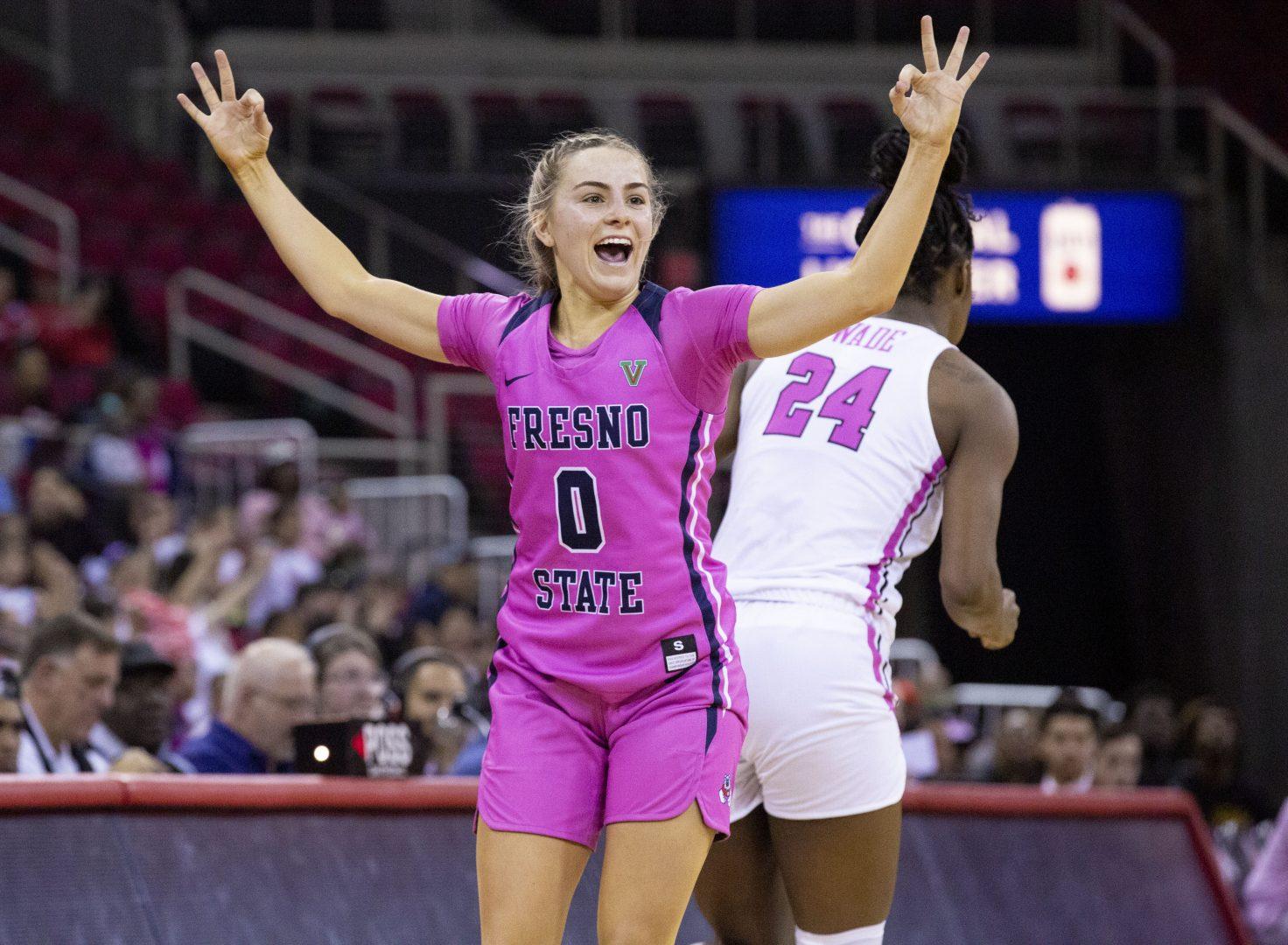 Hanna Cavinder (0) celebrates her 3-point shot, during the second half of Saturday’s game against UNLV Rebels on Feb. 8, 2020 at the Save Mart Center. (Armando Carreno/The Collegian.)