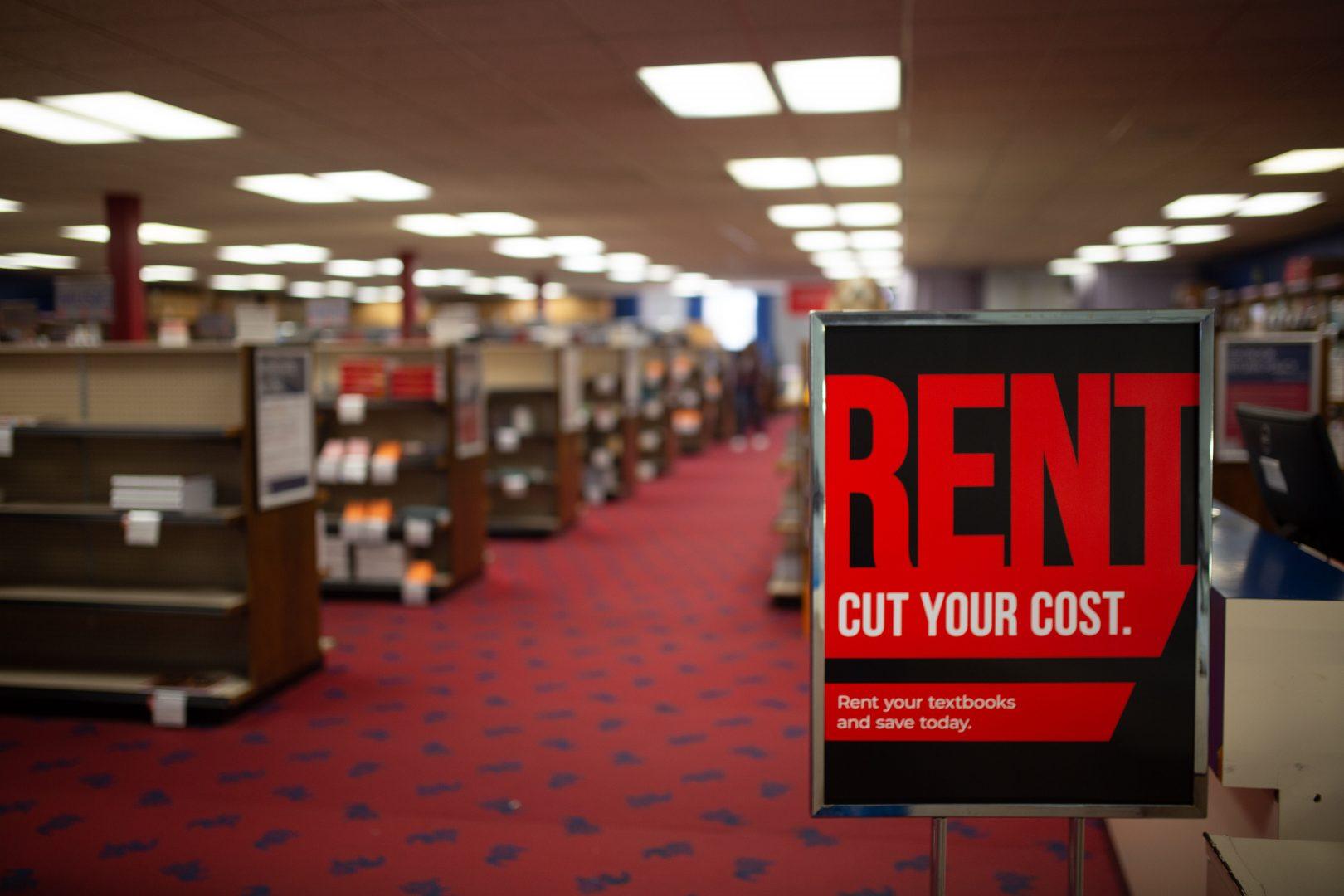 Rent cut your cost sign at the Kennel Bookstore at California State University, Fresno (Armando Carreno/The Collegian)