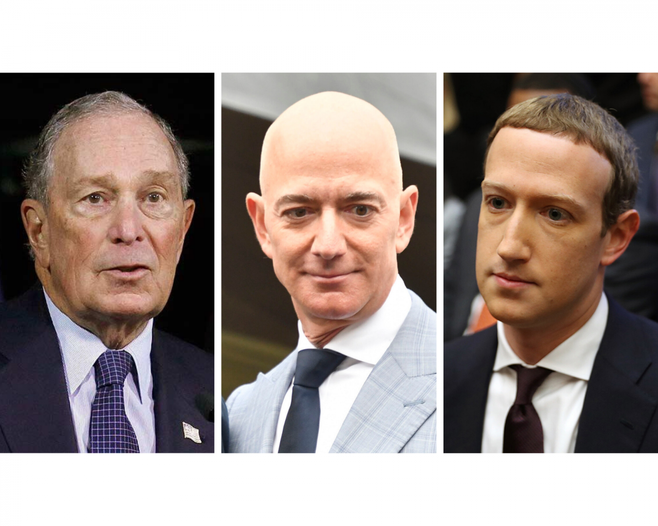 Pictured left to right: Billionaires Michael Bloomberg ($60 billion), Jeff Bezos ($119.9 billion), and Mark Zuckerberg ($68.8 billion). Net worths valued as of March 2, 2020 via Forbes.com. Photos courtesy of Tribune News Service