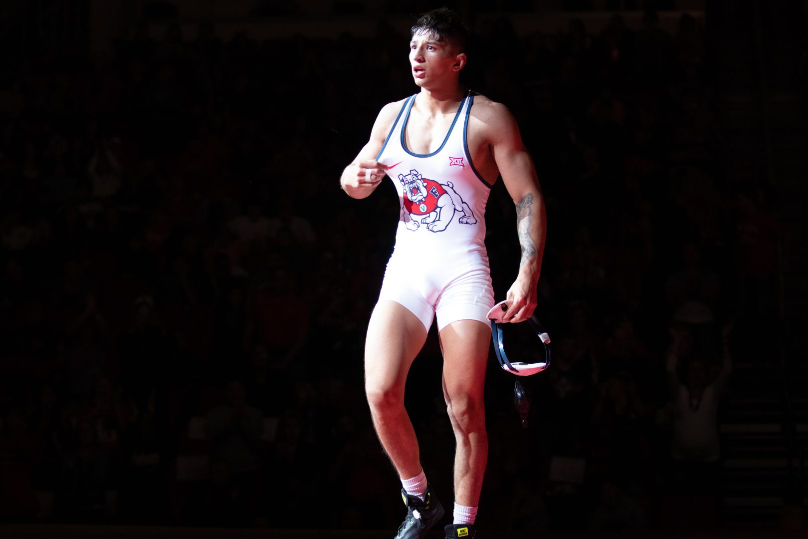 Greg Gaxiola improves to 3-1 this season while getting the Bulldogs’ most dominant decision of the season against Rutgers’ Gerald Angelo on Friday, November 15, 2019 at the Save Mart Center. (Armando Carreno/The Collegian)