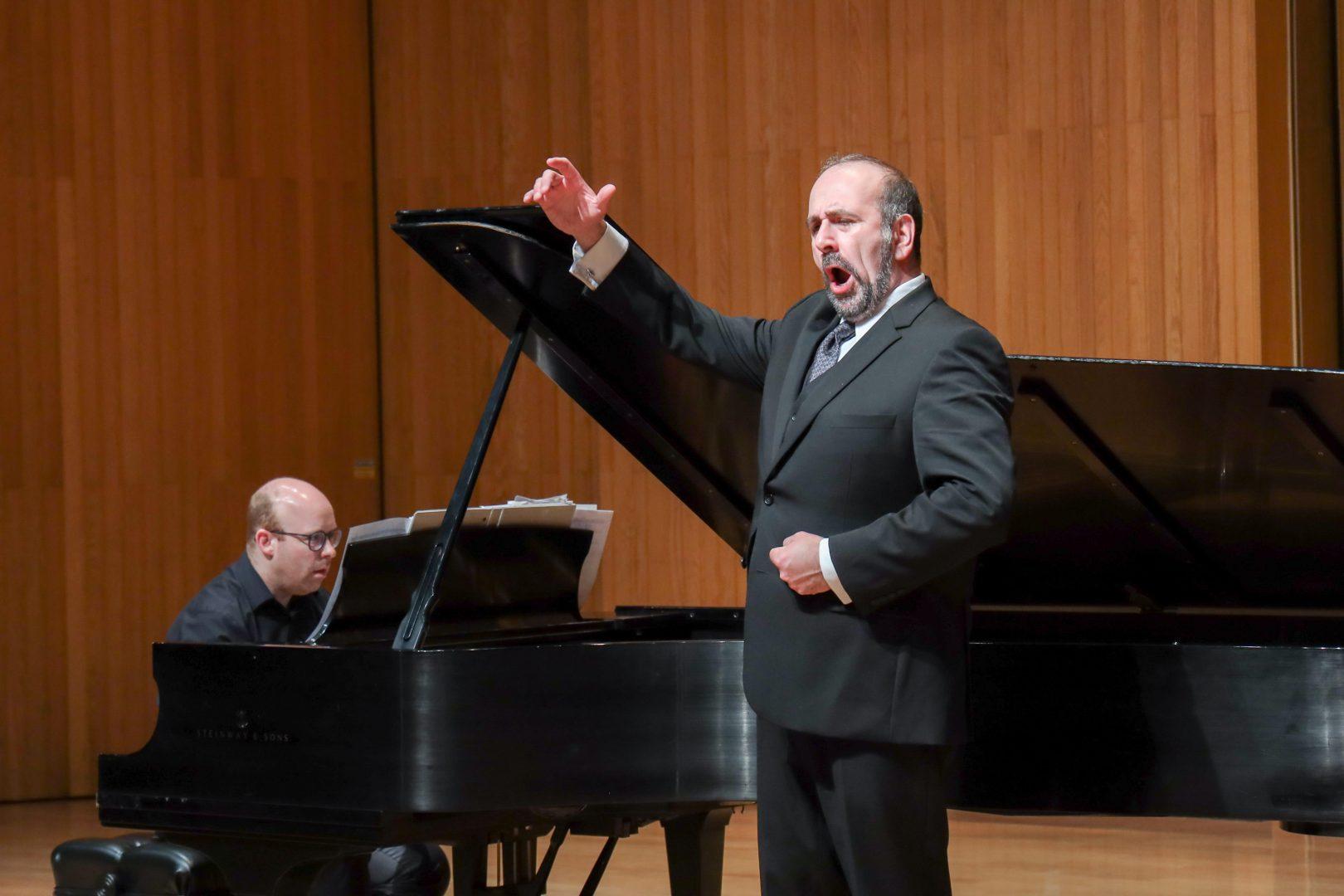Russian dramatic baritone, Dr. Anton Belov, performs opera with collaborative pianist Drew Quiring for Fresno State’s third annual Art Song Festival at the Concert Hall on Feb. 29, 2020.
By: Breanna Hardy