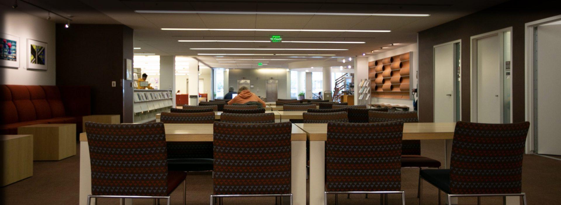 The Henry Madden Library, nearly empty due to the temporary cancelation of in-person classes on Monday, March 16, 2020. 