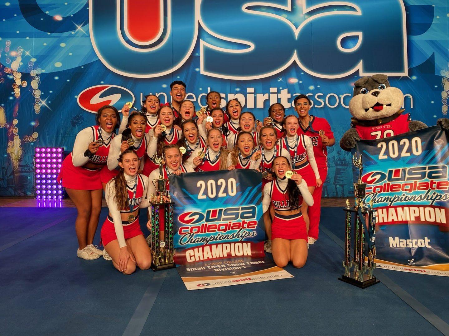 The Fresno State cheer team (left) and mascot, TimeOut, (right) celebrate their first place trophies and medals at the USA Collegiate Championships. Fresno State finished with a score of 89.51 in Division I small co-ed show cheer among 4-year colleges. (Courtesy Fresno State Spirit)